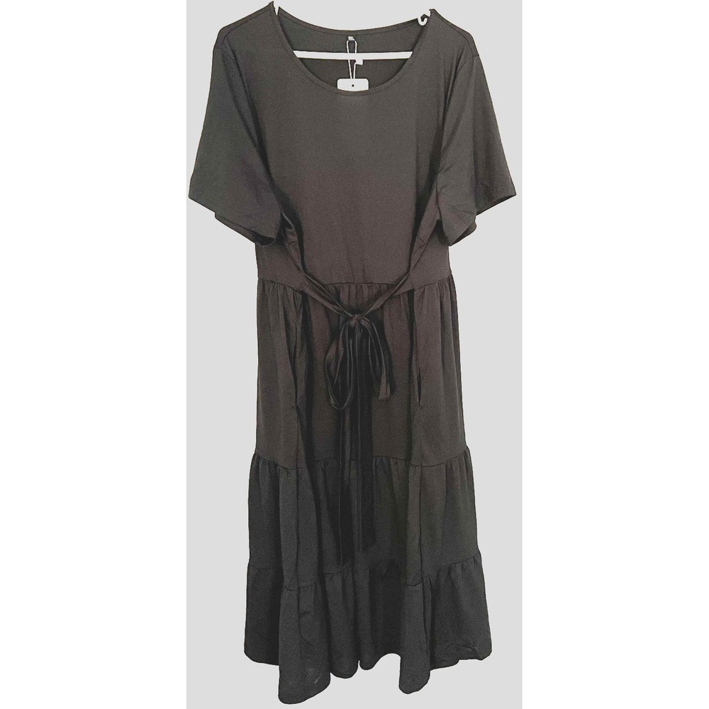 Younrui Tiered Midi Dress Women 3XL Crew Neck Short Sleeve Belted A-Line NWT